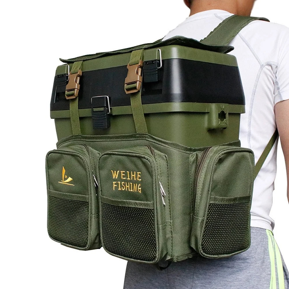 Waterproof Nylon Fishing Backpack with 36L Tackle Box and Mesh Seat Cushion Green Multifunctional 40Cm 20Cm 38Cm